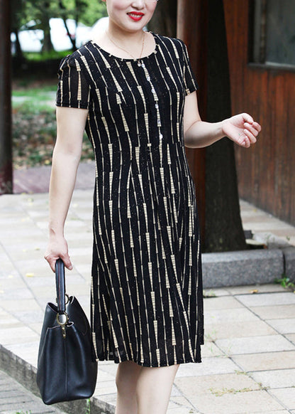 Yellow O-neck Striped Long Dress Short Sleeve Vb1001