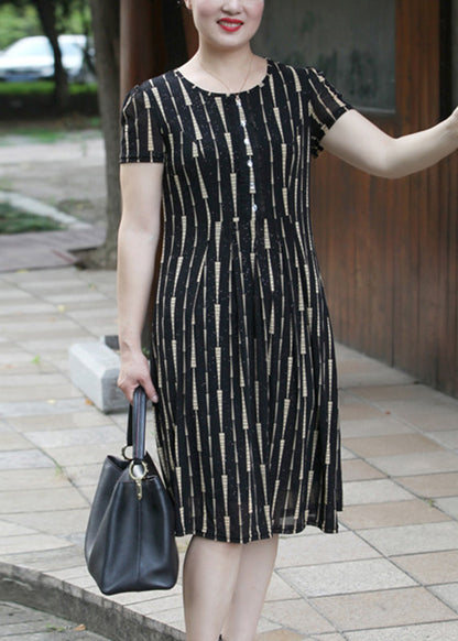 Yellow O-neck Striped Long Dress Short Sleeve Vb1001