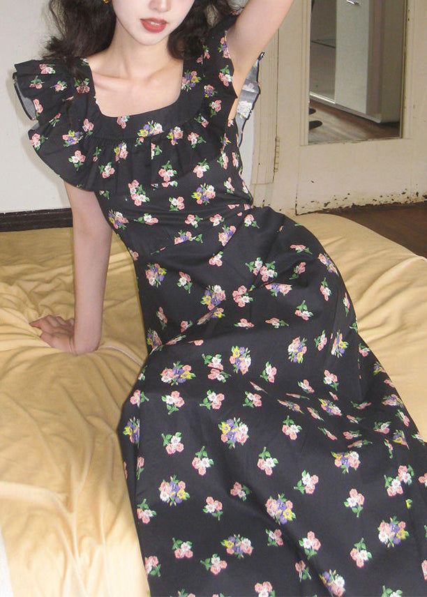 Yellow Ruffled Print Cotton Long Dress Sleeveless Zl017