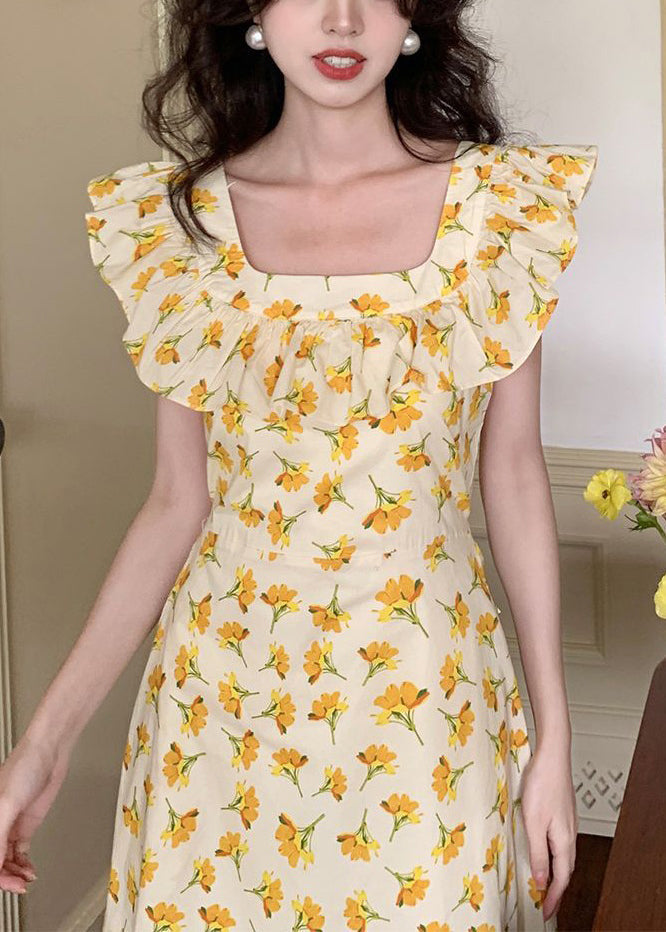 Yellow Ruffled Print Cotton Long Dress Sleeveless Zl017