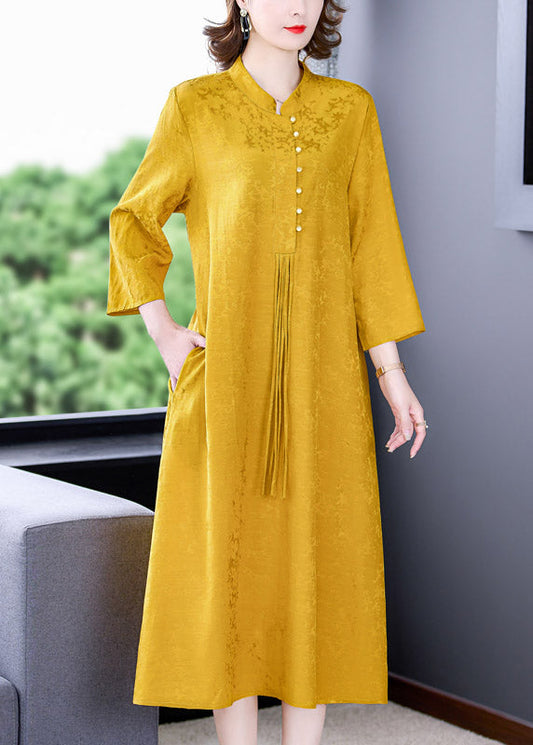 Yellow Stand Collar Tassel Button Silk Long Dresses Long Sleeve Ac2048