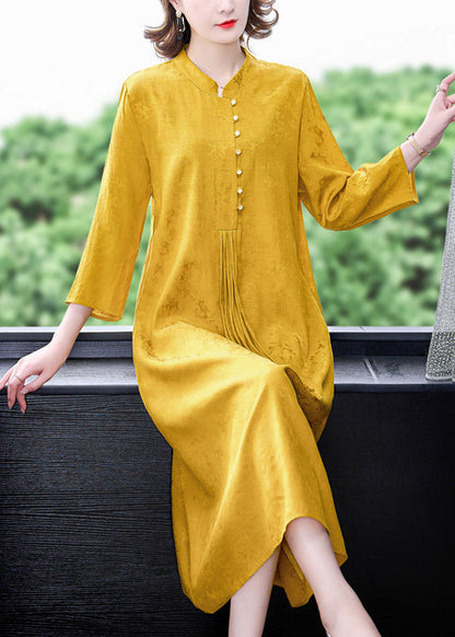 Yellow Stand Collar Tassel Button Silk Long Dresses Long Sleeve Ac2048