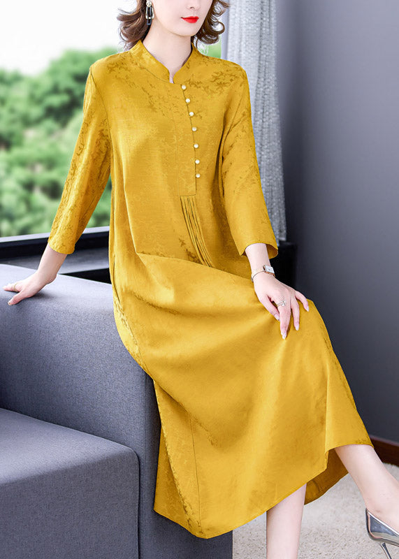 Yellow Stand Collar Tassel Button Silk Long Dresses Long Sleeve Ac2048