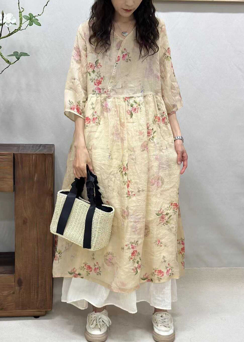 Yellow V Neck Print Linen Long Dresses Half Sleeve Jh024