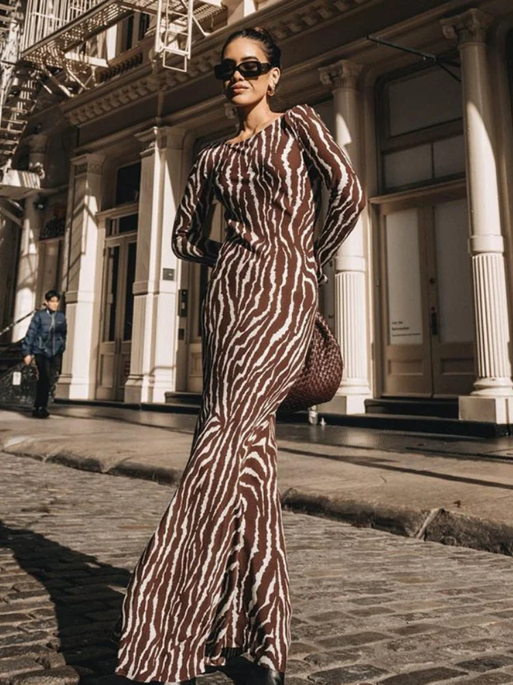 Zebra Print Long Sleeve Party Maxi Dress