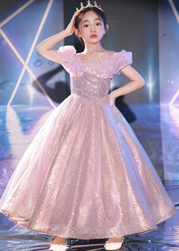 Light Purple O-neck Sequins Patchwork Tulle Maxi Dress Short Sleeve Qv005