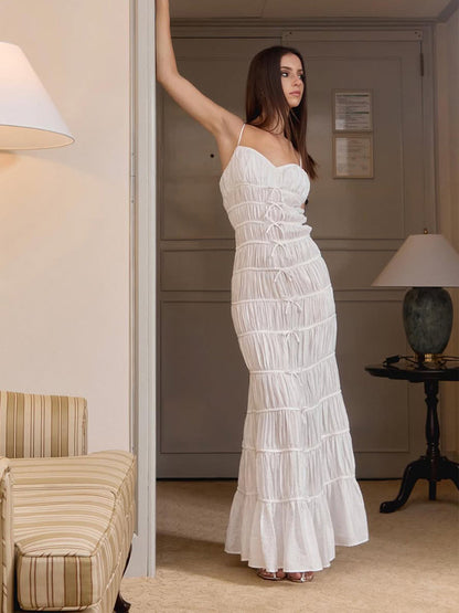 White Ruched Maxi Dress Slimming Vacation Outfit for Photos