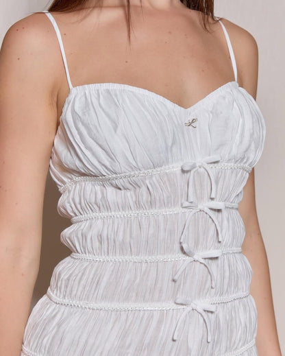 White Ruched Maxi Dress Slimming Vacation Outfit for Photos