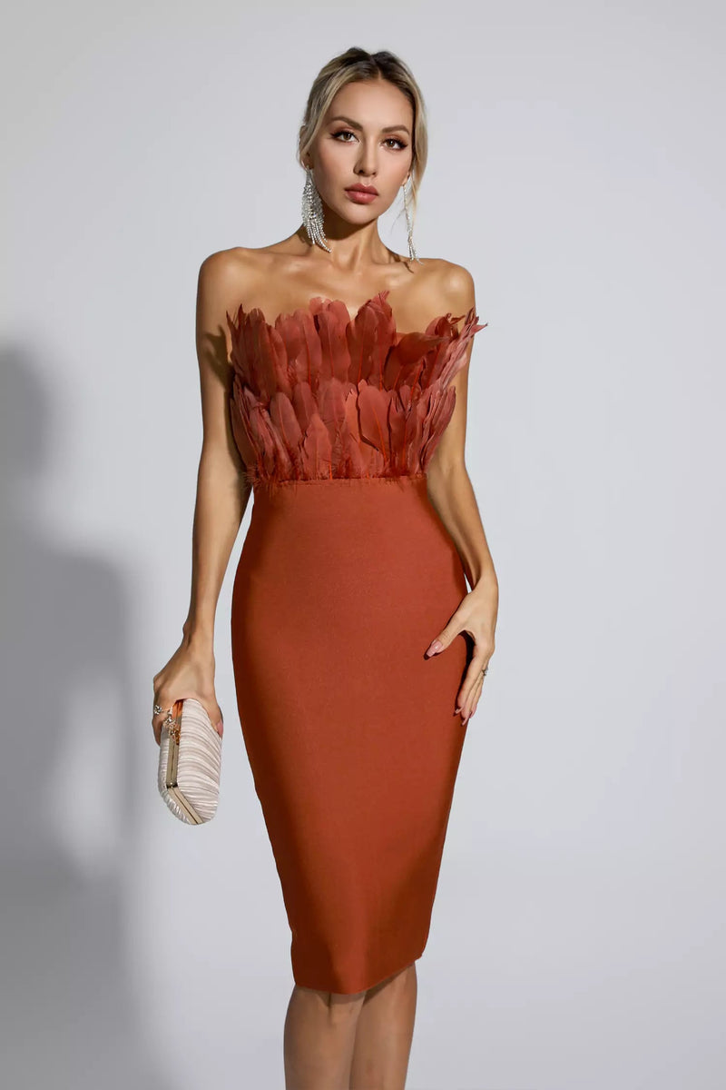 Elianna Dark Brown Feather Midi Dress