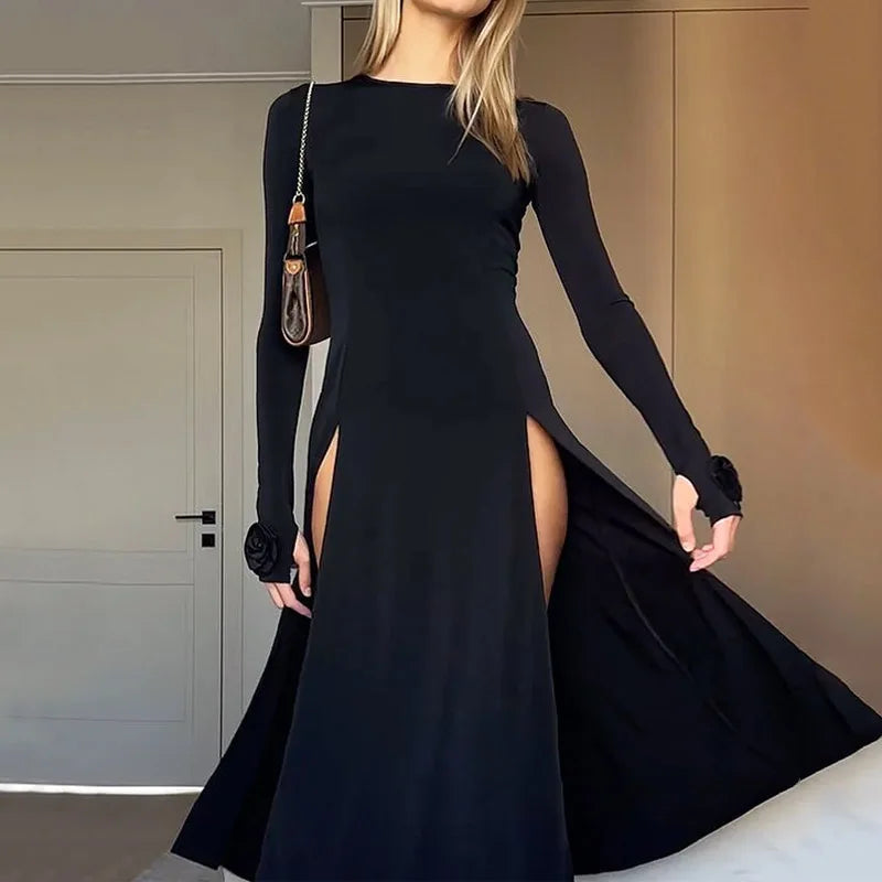 Ellafads Rose Split A-line Full Sleeve Midi Dress