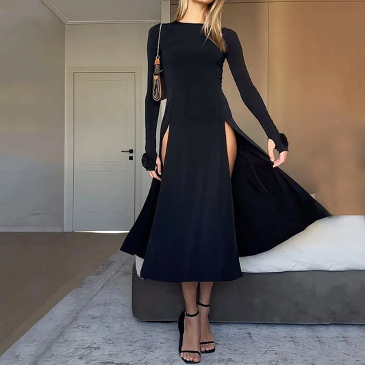 Ellafads Rose Split A-line Full Sleeve Midi Dress