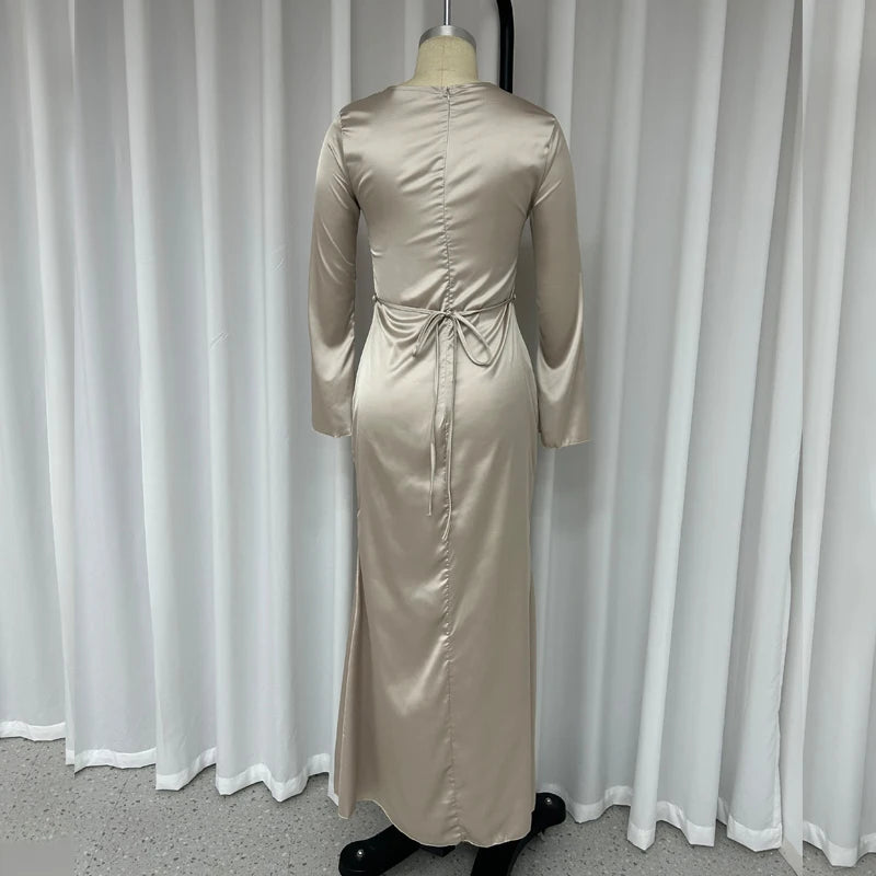 Autumn Slim Flare Sleeve Lace Up Maxi Dress