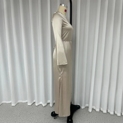 Autumn Slim Flare Sleeve Lace Up Maxi Dress