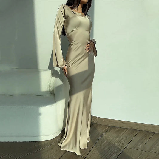 Autumn Slim Flare Sleeve Lace Up Maxi Dress