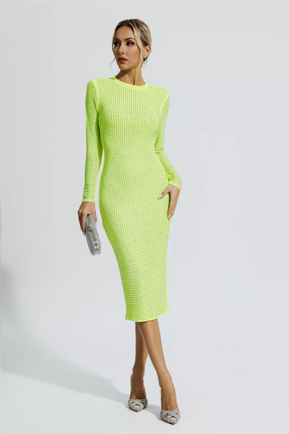 Elle Fluorescent Green Crystal Midi Dress