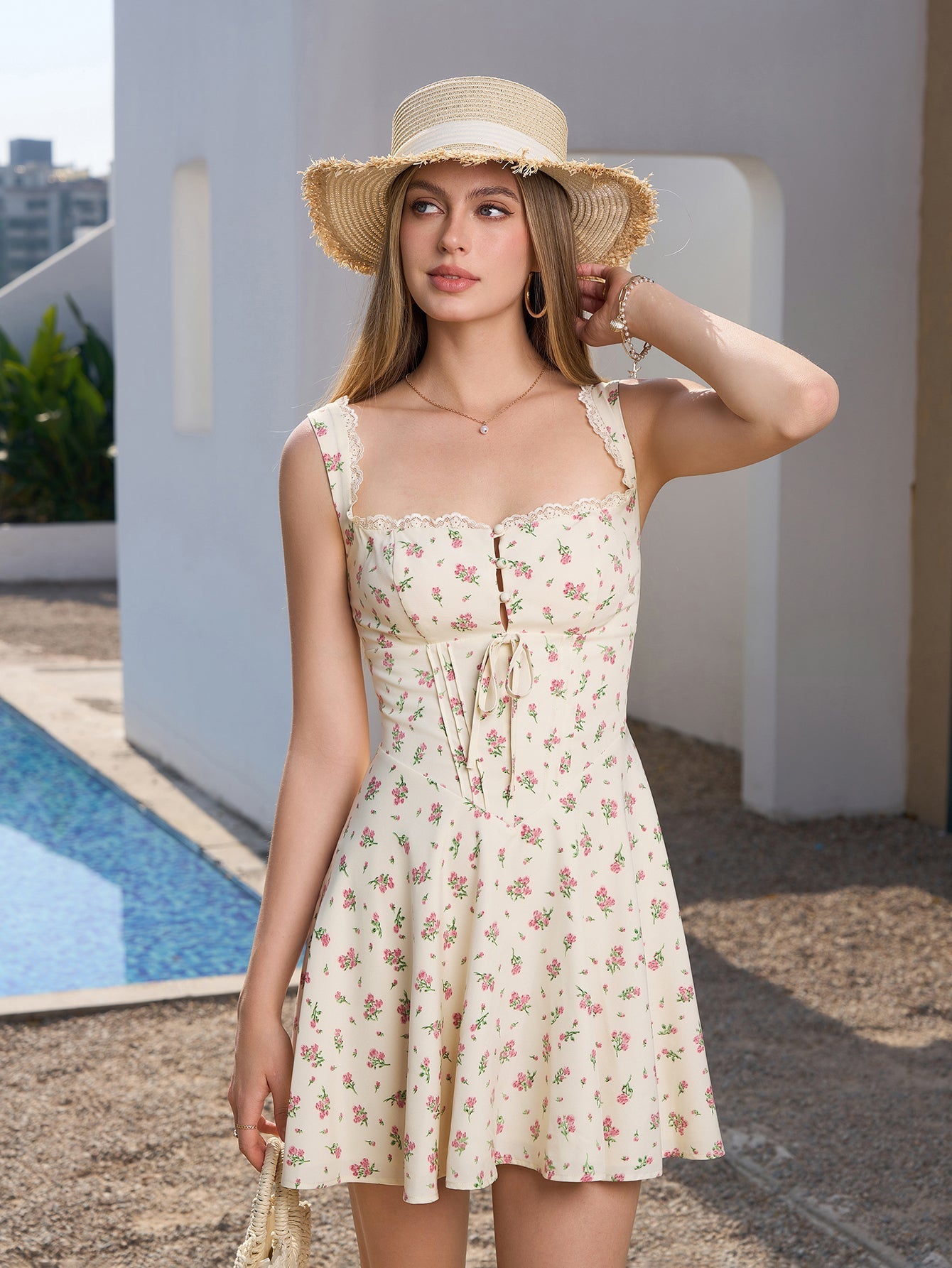 Embellished Button Lace Trim Print Mini Dress