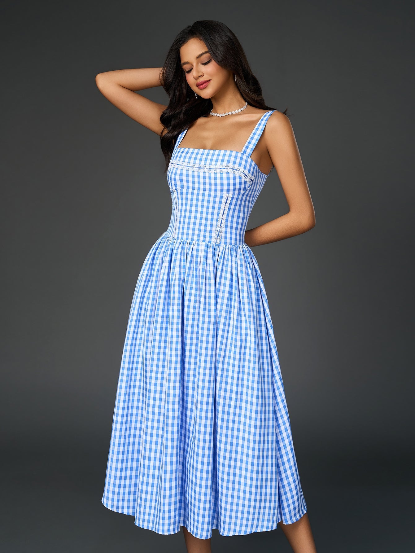 Embellished Lace Trim Pocket Plaid Print Midi Dress