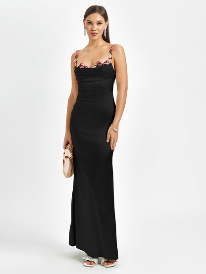 Embellished Strap Tie Back Satin Bodycon Dress