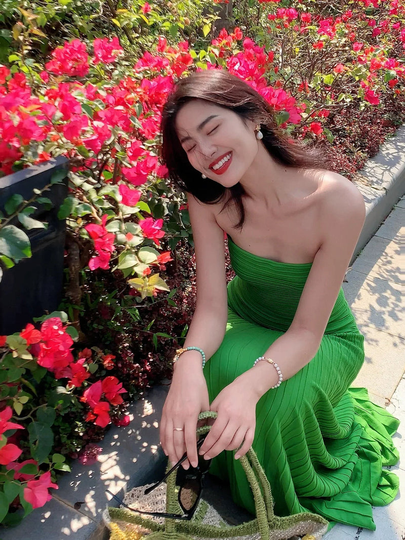 Emerald Green Knit Strapless Bodycon Maxi Dress Beach Glam