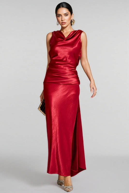 Conjunto Wine Red Satin Backless Maxi Dress