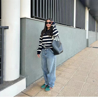 American Style Long Striped Knitted Sweater