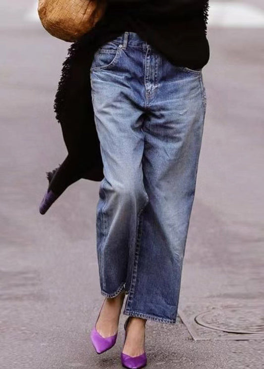 European and American Style Blue Pockets Denim Straight Pants Spring Qq1062