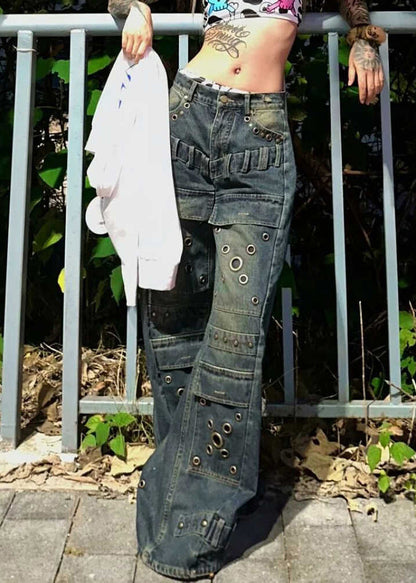 European and American Style Blue Rivet Denim Wide Leg Pants Fall Wp048