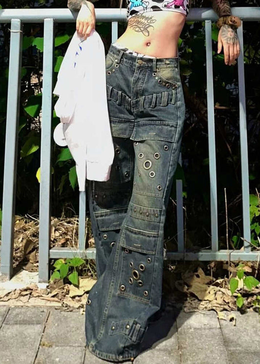 European and American Style Blue Rivet Denim Wide Leg Pants Fall Wp048