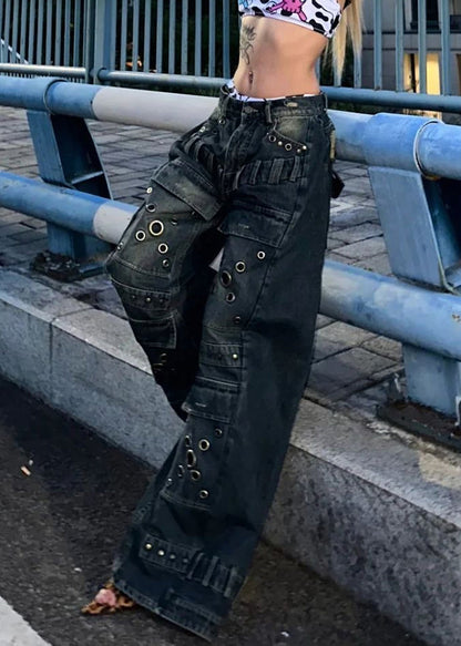 European and American Style Blue Rivet Denim Wide Leg Pants Fall Wp048