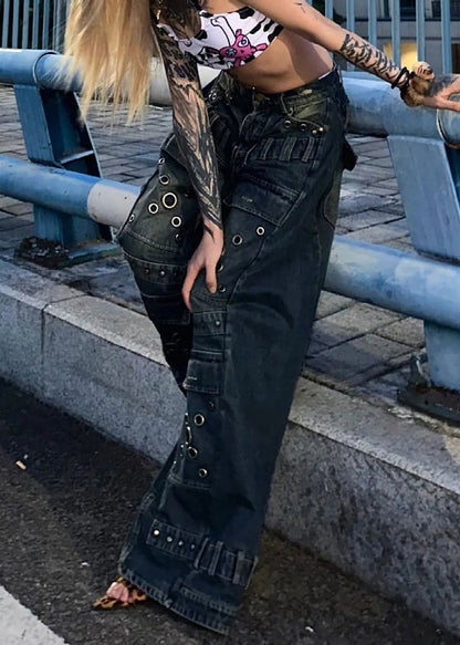 European and American Style Blue Rivet Denim Wide Leg Pants Fall Wp048