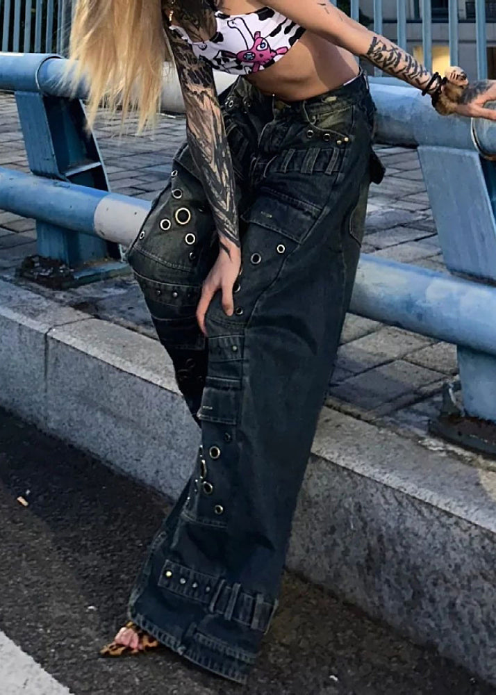 European and American Style Blue Rivet Denim Wide Leg Pants Fall Wp048