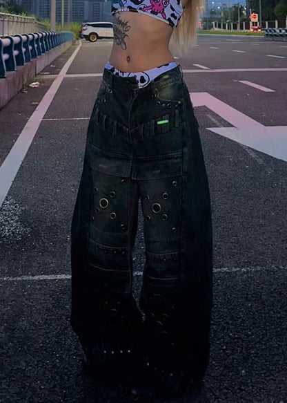 European and American Style Blue Rivet Denim Wide Leg Pants Fall Wp048