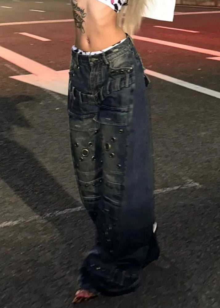 European and American Style Blue Rivet Denim Wide Leg Pants Fall Wp048