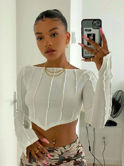 European and American High Street Round Stitching Color Slim Neck Short-sleeved T-shirt Line Texture Top T-shirt