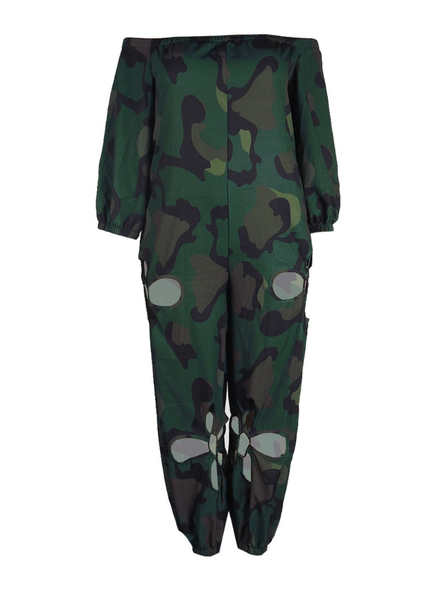 Off the Shoulder Camo Print Cut Out Jumpsuit Ar5022