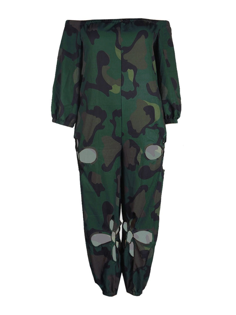 Off the Shoulder Camo Print Cut Out Jumpsuit Ar5022