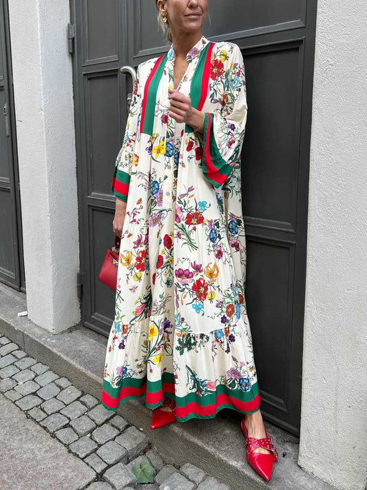 Resort Print Bell Sleeve Maxi Dress