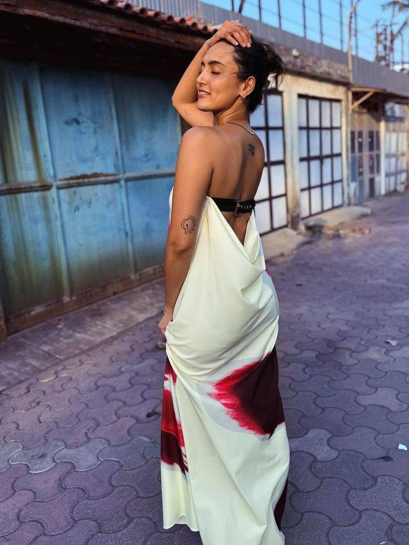 Print Backless Tube Belt Maxi Dress
