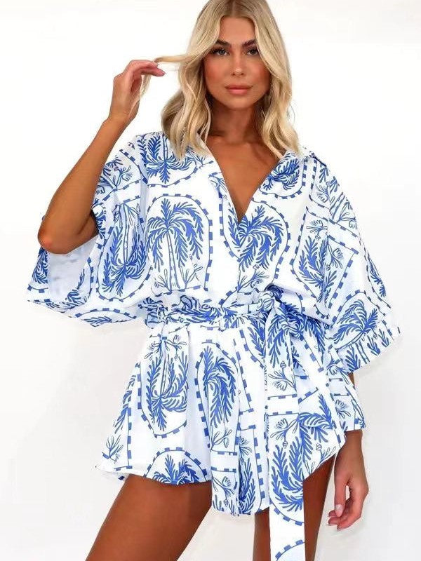 Loose Printed Summer Romper With Belt
