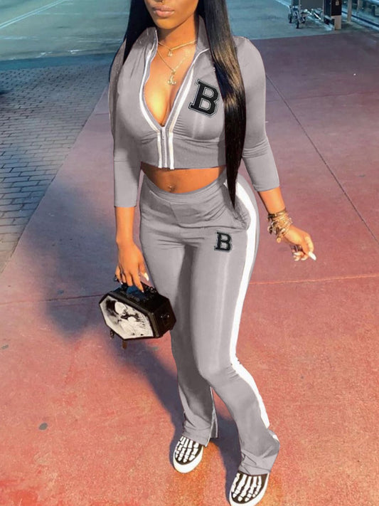 Crop Top Letter Decor Striped Pants Set Bo2137