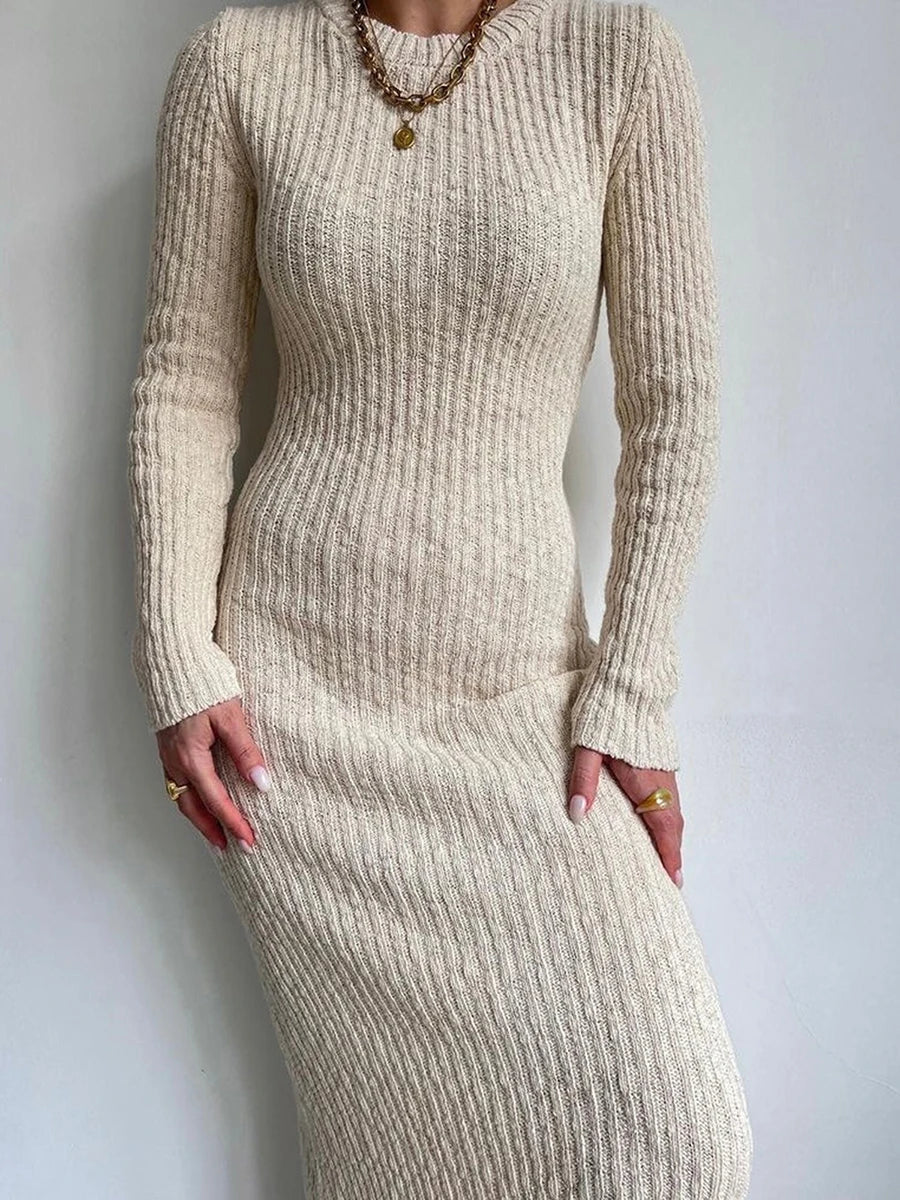 Knit Round Neck Long Sleeve Sweater Bodycon Dress