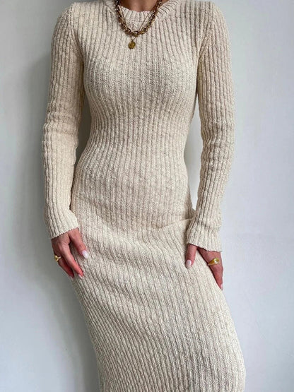 Knit Round Neck Long Sleeve Sweater Bodycon Dress
