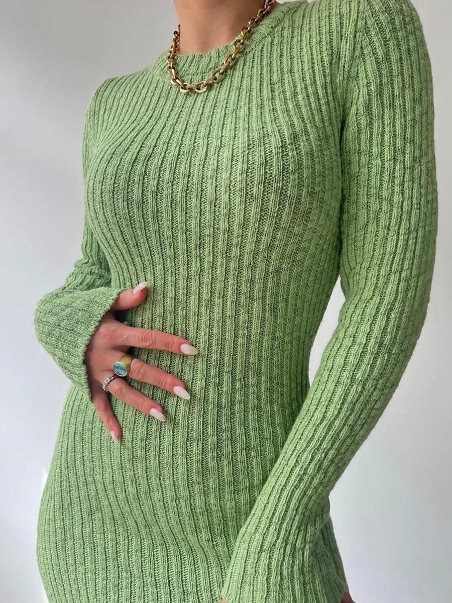 Knit Round Neck Long Sleeve Sweater Bodycon Dress