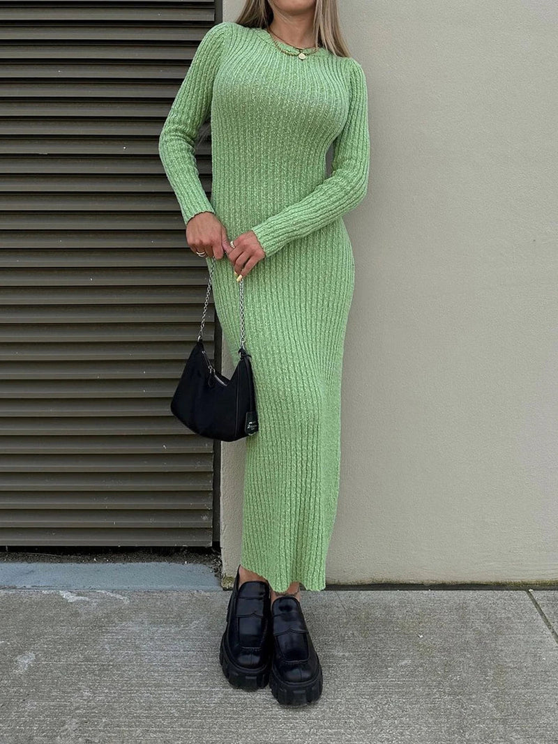 Knit Round Neck Long Sleeve Sweater Bodycon Dress
