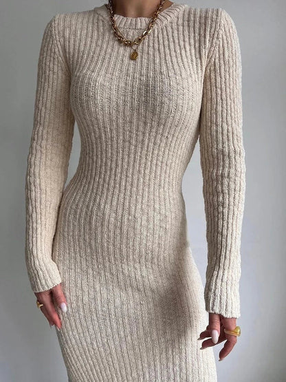 Knit Round Neck Long Sleeve Sweater Bodycon Dress