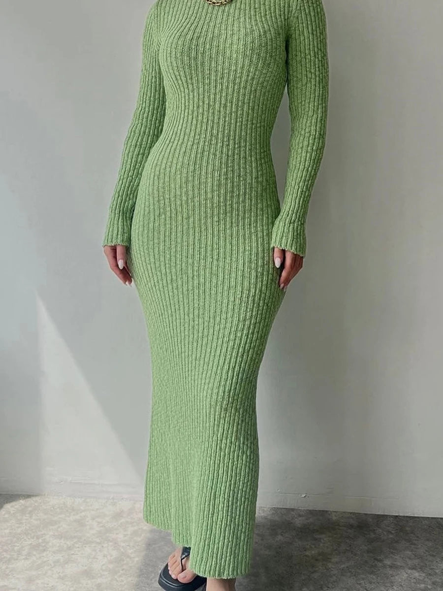 Knit Round Neck Long Sleeve Sweater Bodycon Dress