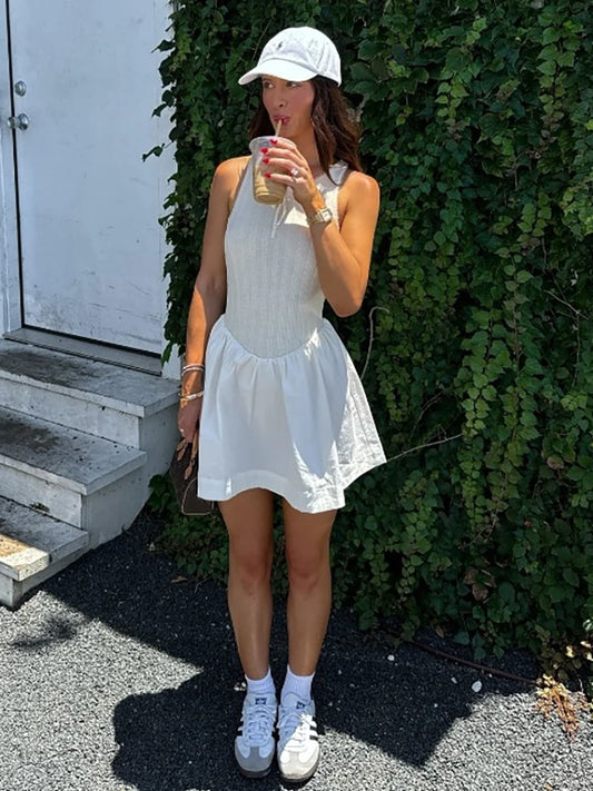 Fantoye Backless A-line Dress White Sleeveless Round Neck Mini Dress Female Summer Loose Vestidos
