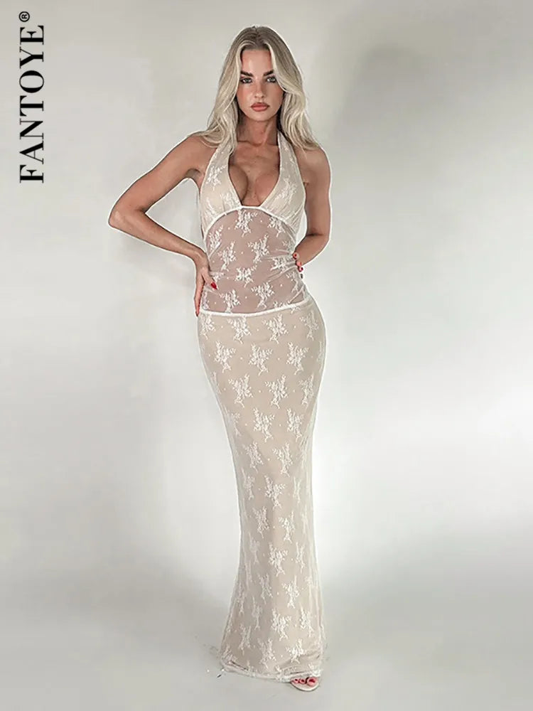 Fantoye See Through Lace Maxi Dress White Spaghetti Strap High Waist Dress Female Skinny Party Clubwear