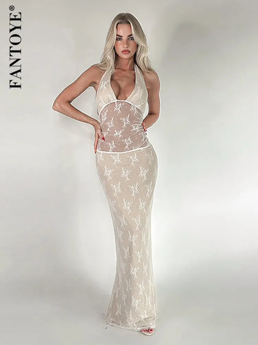 Fantoye See Through Lace Maxi Dress White Spaghetti Strap High Waist Dress Female Skinny Party Clubwear