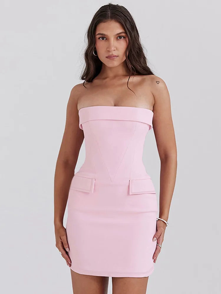 Fantoye Strapless Pocket Dress Pink Backless High Waist Mini Dress Female Summer Skinny Party Clubwear